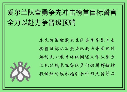 爱尔兰队奋勇争先冲击榜首目标誓言全力以赴力争晋级顶端