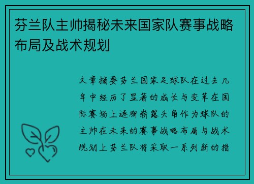 芬兰队主帅揭秘未来国家队赛事战略布局及战术规划