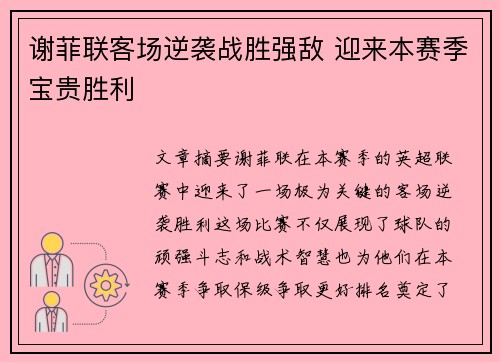 谢菲联客场逆袭战胜强敌 迎来本赛季宝贵胜利