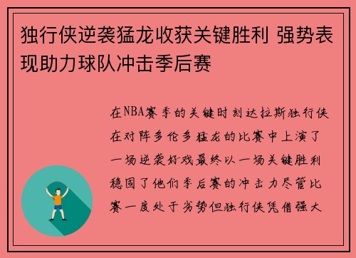 独行侠逆袭猛龙收获关键胜利 强势表现助力球队冲击季后赛