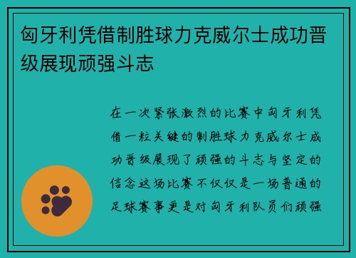 匈牙利凭借制胜球力克威尔士成功晋级展现顽强斗志