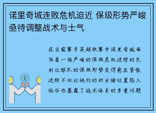 诺里奇城连败危机迫近 保级形势严峻亟待调整战术与士气