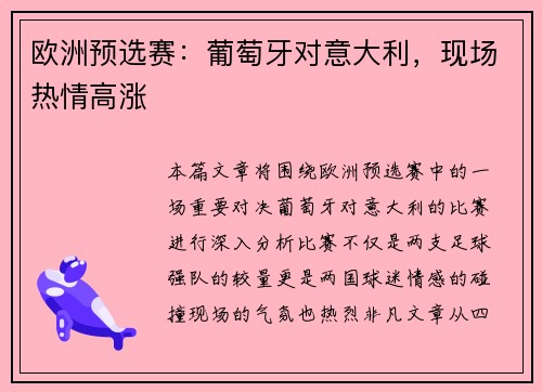欧洲预选赛：葡萄牙对意大利，现场热情高涨