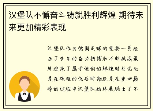 汉堡队不懈奋斗铸就胜利辉煌 期待未来更加精彩表现